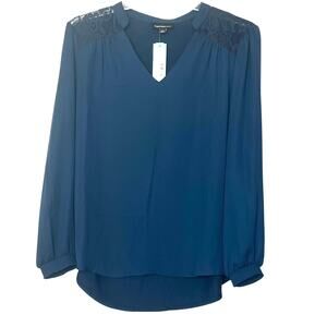 FORTUNE+IVY LONG SLV, V-NECK, LACE SHOULDER BLOUSE, WOMENS, XL, NAVY BLUE